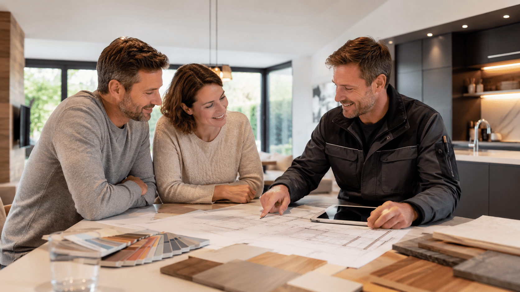 Gemeinsame Wohnraumplanung mit Materialproben – Beratung durch Birkenstock & Partner